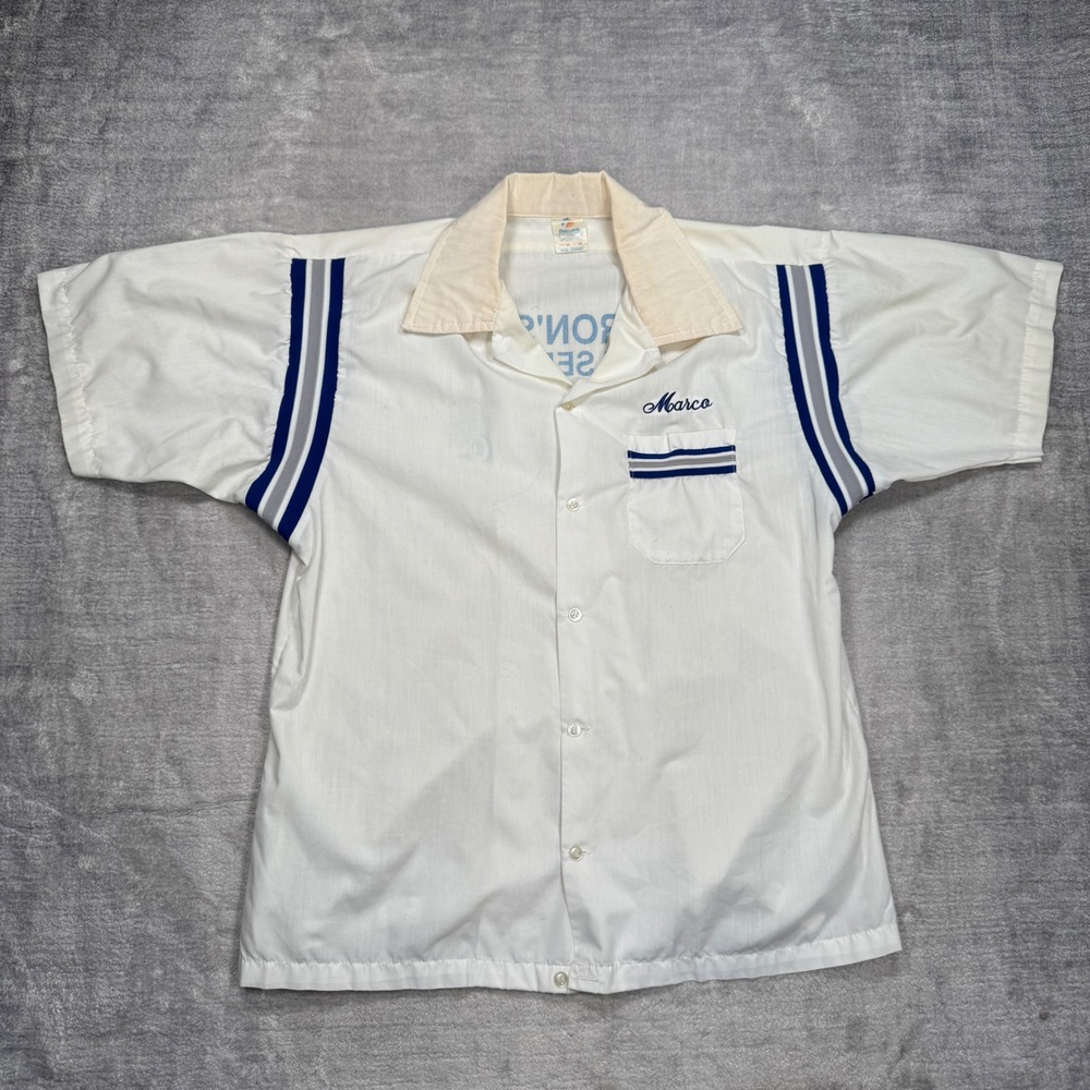 Vintage Work Shirt Mens Large White Rons Tire Service Mechanic Garage Bowling